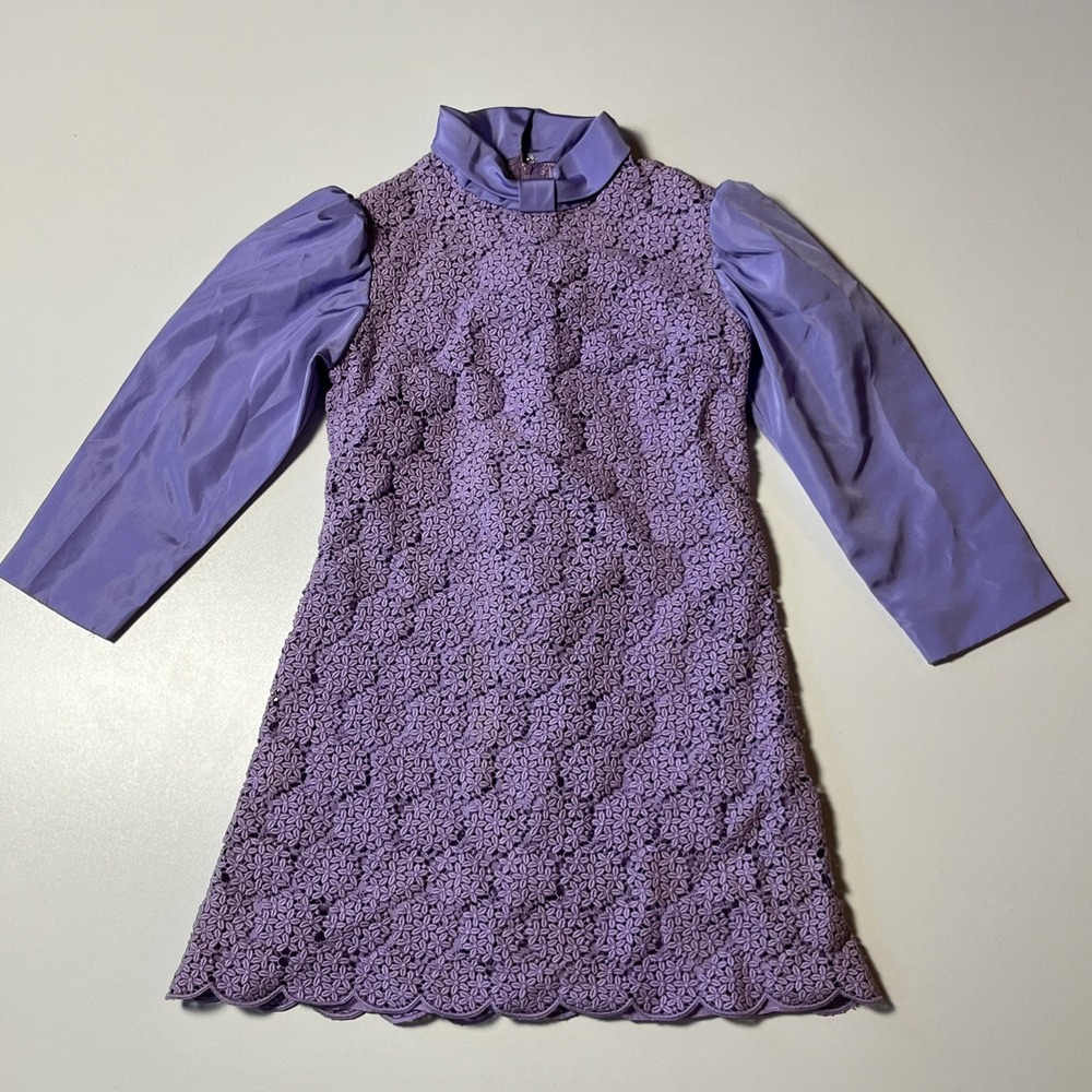 Vintage 60s Handmade Floral Lace Lavender Dress Retro Party Cocktail Mini Length